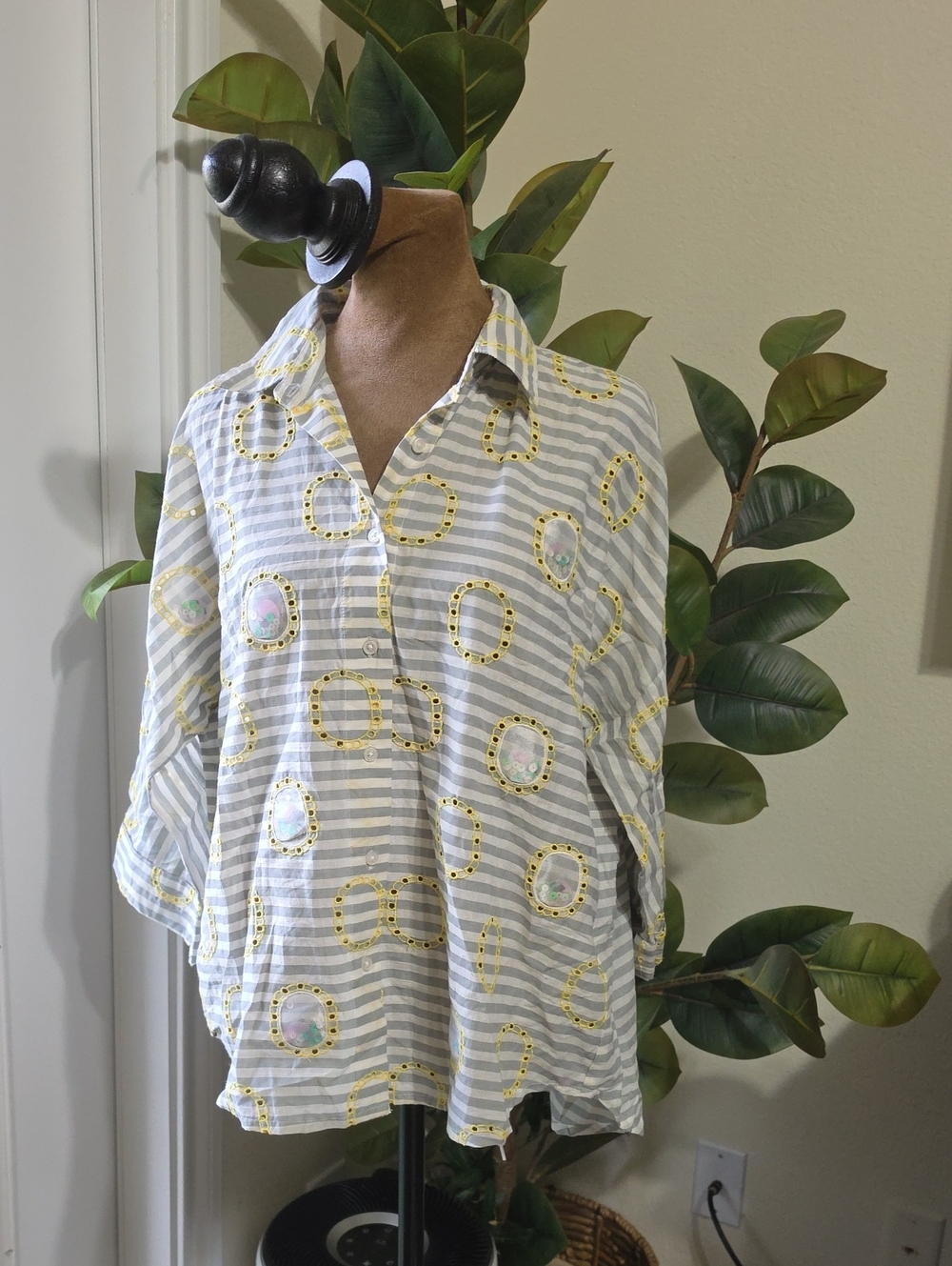 Light Gray Striped Button-Down Shirt with Yellow Accent Circles